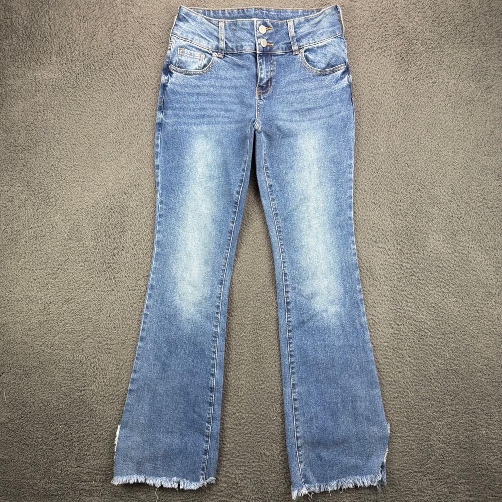PacSun Womens 27 Low Rise Bootcut Jeans Blue Denim Raw Hem Frayed Slit 11887